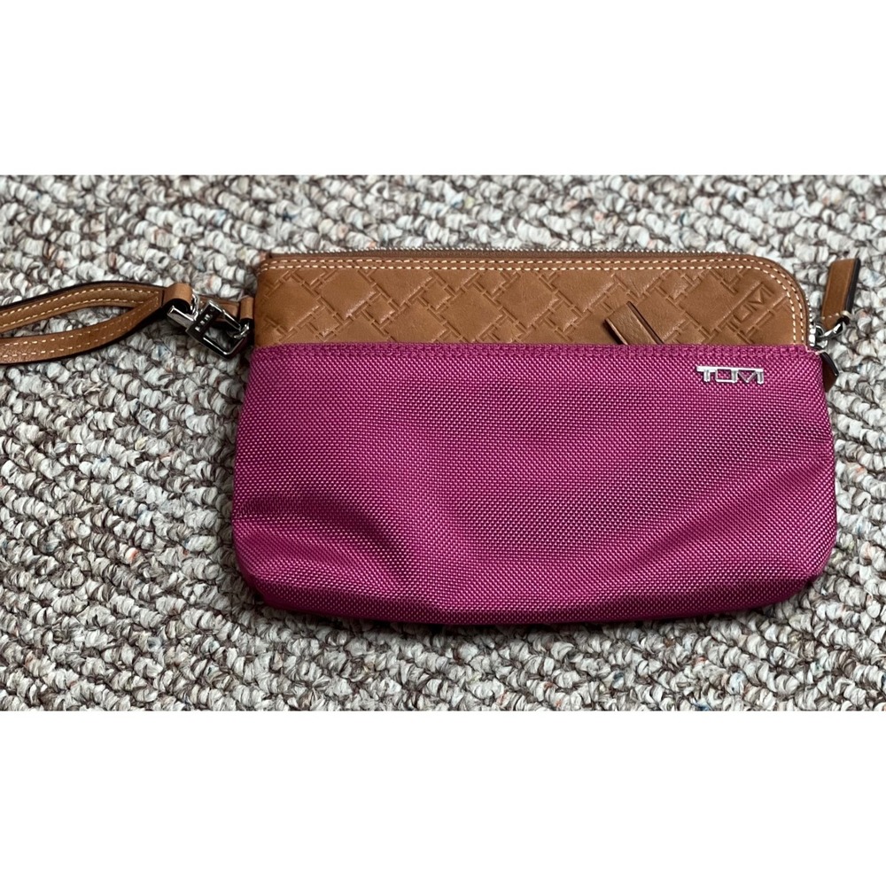 Tumi Wristlet Clutch Magenta Pink Ballistic Nylon Tan Embossed Leather Logo Bag
